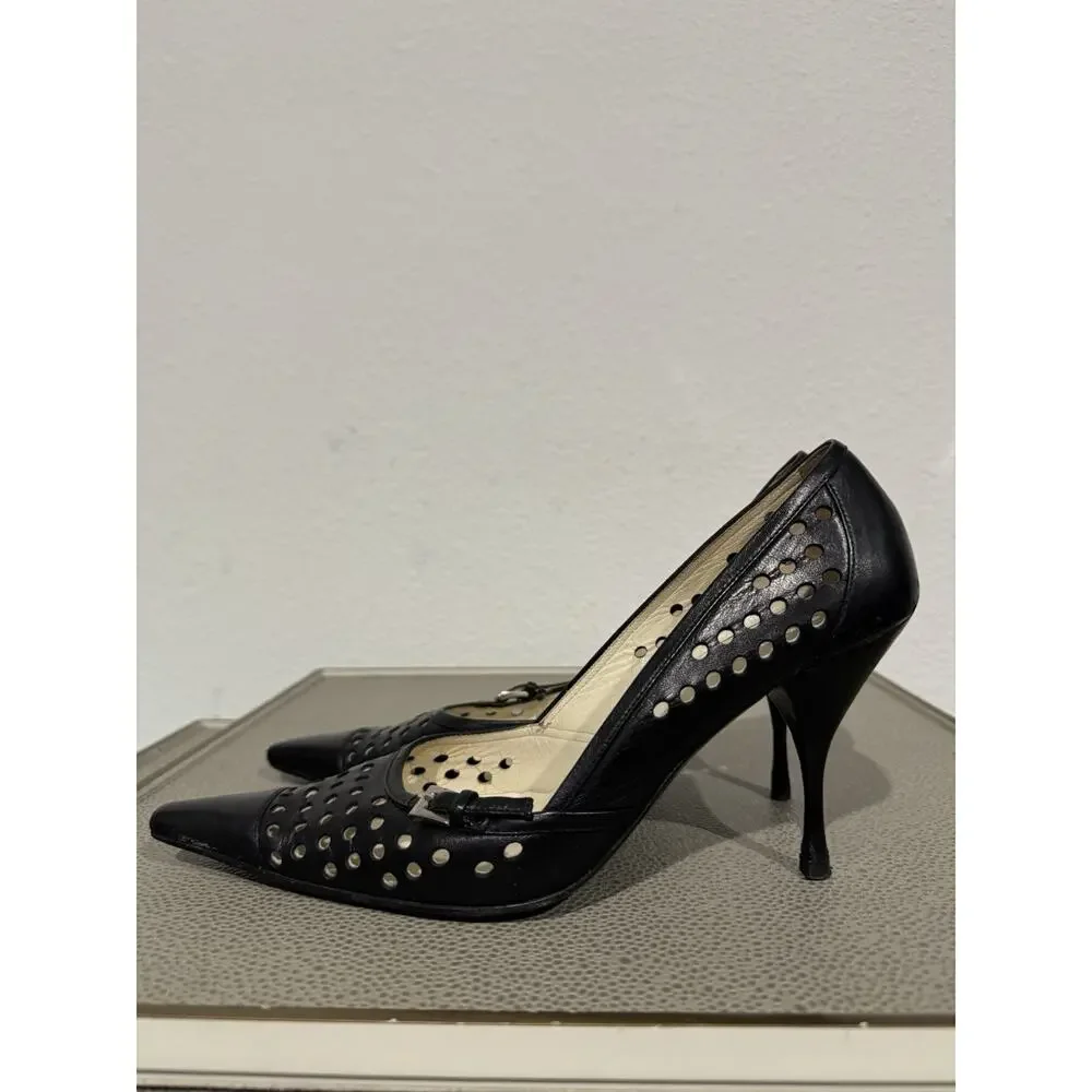 PRADA Y2K Pumps Heel Leather Black Point Toe Cutout Sz 37.5 / 7.5